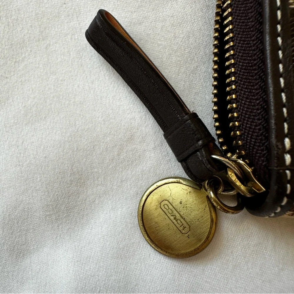 Coach Signature Stripe Zip Coin Wallet Card Case Brown Khaki Canvas Gold Charm